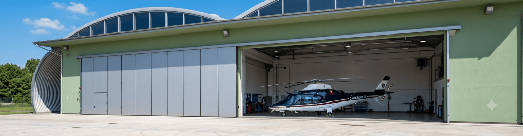 Nell'immagine si vede un largo hangar militare italiano verde dove vengono parcheggiati gli elicotteri dei carabinieri. Per l'accesso l'hangar è dotato con grandi portoni scorrevoli color grigio chiaro. All'interno un elicottero con la classica livrea bianca e blu dei Carabinieri.