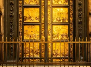 Nell’immagine si vede in primo piano il cancello che protegge la porta di bronzo dorato conosciuta come - Porta del Paradiso- realizzata da Lorenzo Ghiberti tra il 1425 e il 1452 per il Battistero di Firenze. Il cancello ha un peso di circa 700 kili.