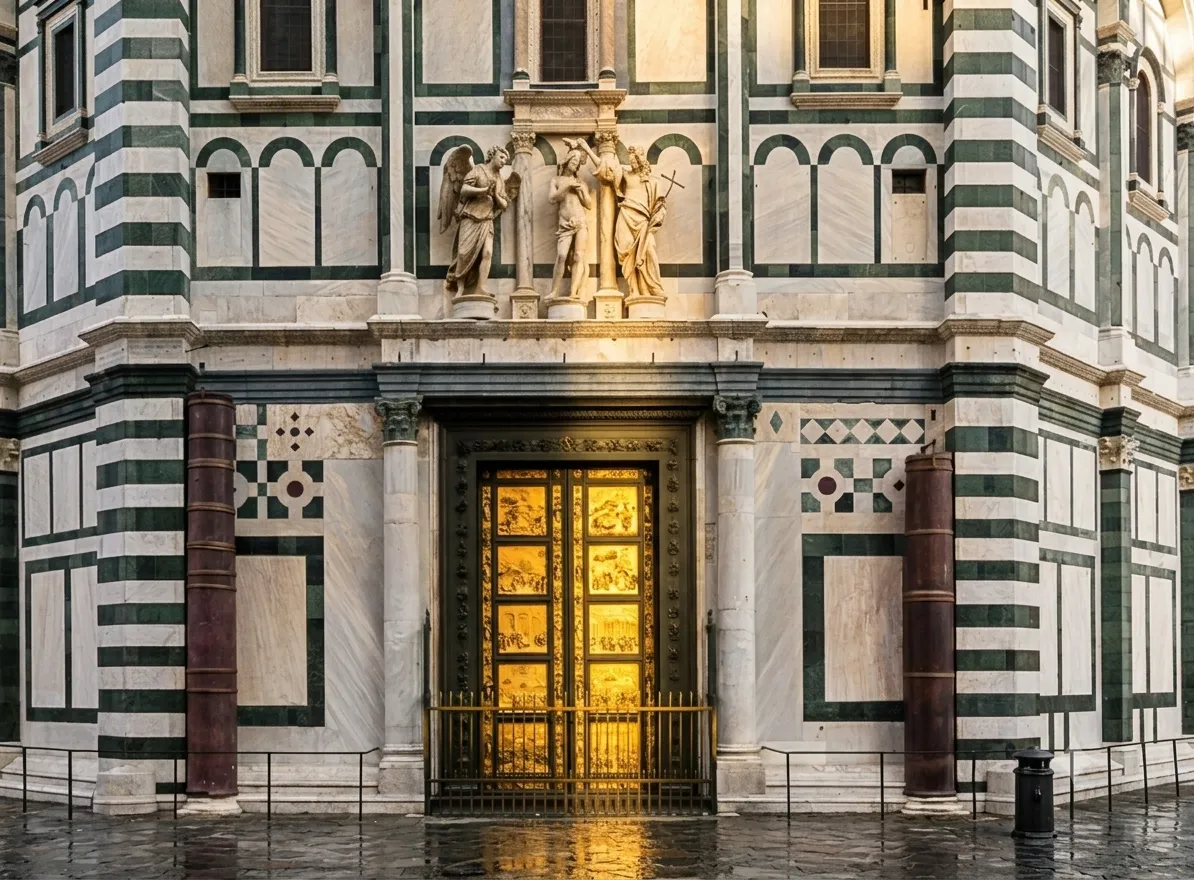Nell’immagine si vede la porta di bronzo dorato conosciuta come - Porta del Paradiso- realizzata da Lorenzo Ghiberti tra il 1425 e il 1452 per il Battistero di Firenze. Le sue dieci formelle raffigurano storie dell’Antico Testamento. La collocazione originaria era nel Battistero di San Giovanni, esterno, portale est. Materia: Bronzo, oro Tecnica: Fusione, doratura, cesellatura, incisione Dimensioni: Altezza: 520 cm ca.; Larghezza: 310 cm ca.; Profondità: 11 cm; Peso: 8 tonnellate ca.