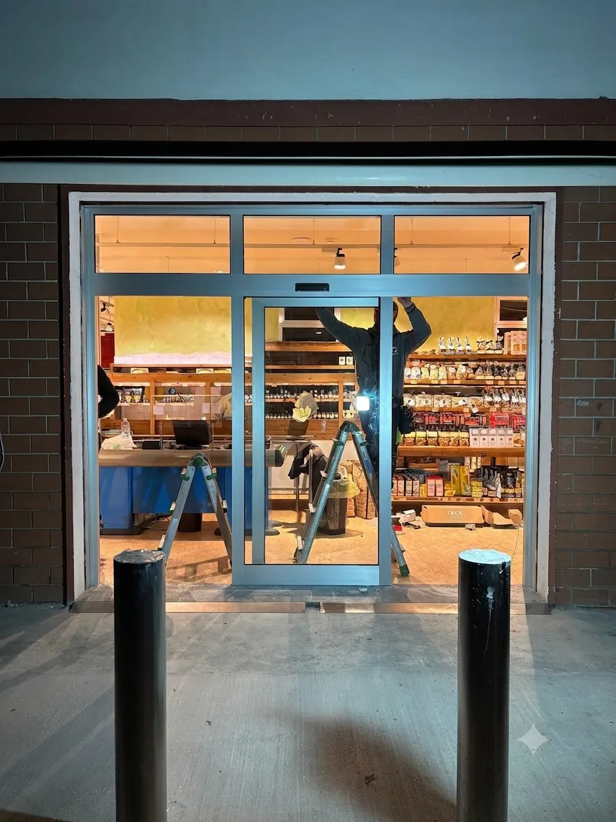 Nell'immagine si vede uno dei due tecnici che sta lavorando su una scaletta tecnica, di notte, per installare e regolare l'automazione ridondante della porta automatica dello spaccio dell'azienda casearia.