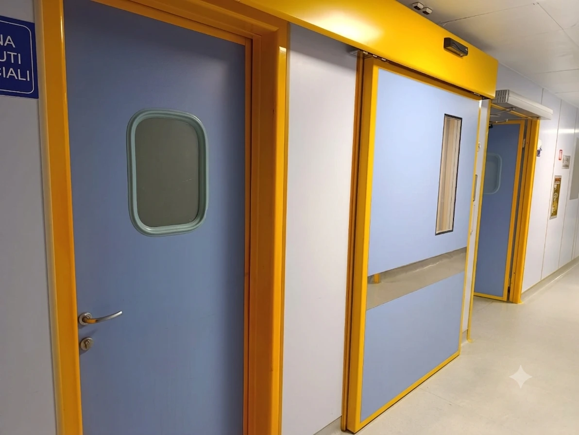 L'immagine mostra due porte automatiche a chiusura ermetica che danno accesso a reparti di sub intensiva ed una porta a battente che porta d un locale di servizio.