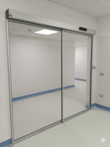 Nell'immagine: porta automatica scorrevole per locale visite mediche. Con un'anta mobile ed un'anta fissa entrambe tutto vetro. Serramento sottile, vetro infrangibile a norma e cassonetto automazione di dimensioni contenute.