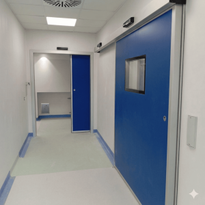 Due porte scorrevoli a chiusura ermetica installate all'ingresso delle sala operatorie. Pannelli blu di cui uno cieco ed il secondo con inserita visiva trasparente complanare. Cassonetto con radar di attivazione apertura e chiusura.