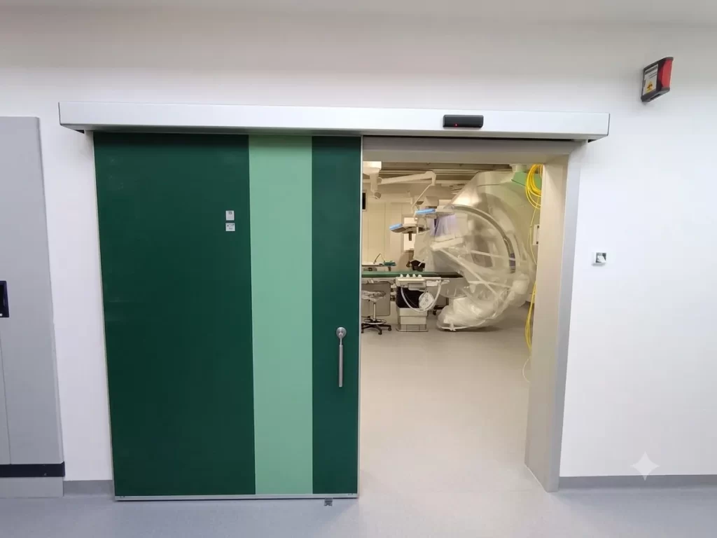 Nell'immagine si vede una porta automatica ermetica ad un anta di colore verde. Sull'anta si vede la grande maniglia di sblocco per un'apertura d'emergenza. All'interno della sala operatoria si vedo i macchinari di diagnostica pronti per l'uso.