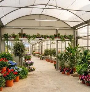 L'immagine mostra il passaggio tra due zone di una serra di floricultori. Le due zone sono divise da una porta automatica scorrevole con due grandi ante mobili e due fisse. La porta automatica permette una differente climatizzazione delle due zone.