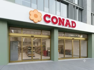 In questa immagine di vedono gli ingressi ed uscita di un supermercato Conad di città. Gli accessi sono gestiti da due porte automatiche scorrevoli con due ante fisse e due ante mobili a sfondamento parziale.