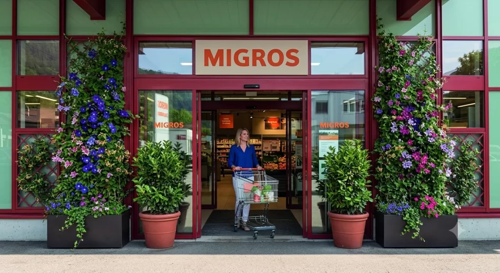 Nell'immagine si vede una cliente di un supermercato uscire con facilità spingendo un carrello della spesa colmo di merci, attraverso una porta automatica scorrevole. La porta è una porta scorrevole automatica a due ante fisse e due mobili con sistema di sfondamento integrale, utile come via di fuga in caso di emergenza.