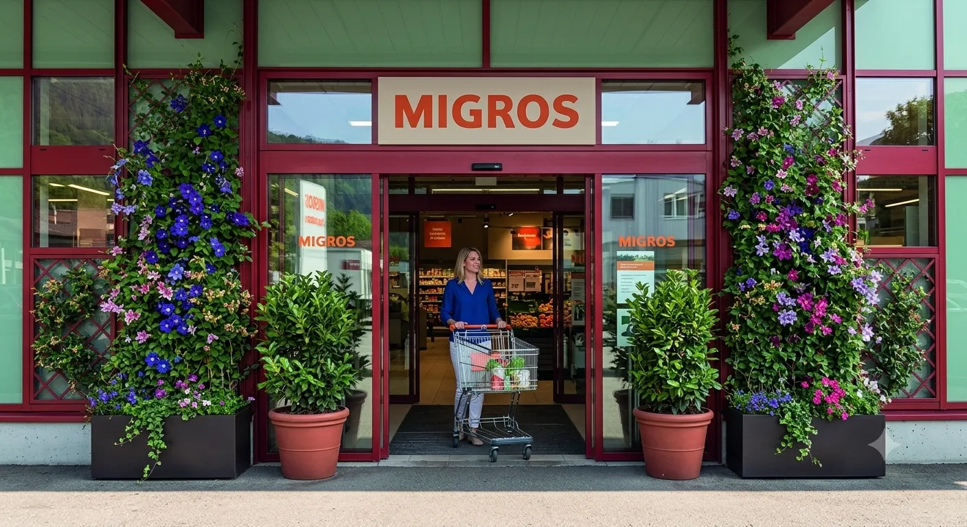 Nell'immagine si vede una cliente di un supermercato uscire con facilità spingendo un carrello della spesa colmo di merci, attraverso una porta automatica scorrevole. La porta è una porta scorrevole automatica a due ante fisse e due mobili con sistema di sfondamento integrale, utile come via di fuga in caso di emergenza.