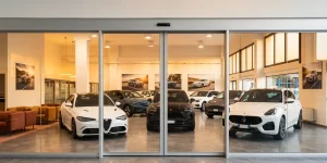 Nell'immagine si vedono ampie vetrine di una show room di una concessionaria di auto di alta gamma.L'ingresso è gestito da una imponente porta automatica scorrevole con due ante mobili.
